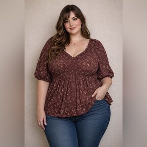 torrid Burgundy Floral Smocked Peasant Blouse